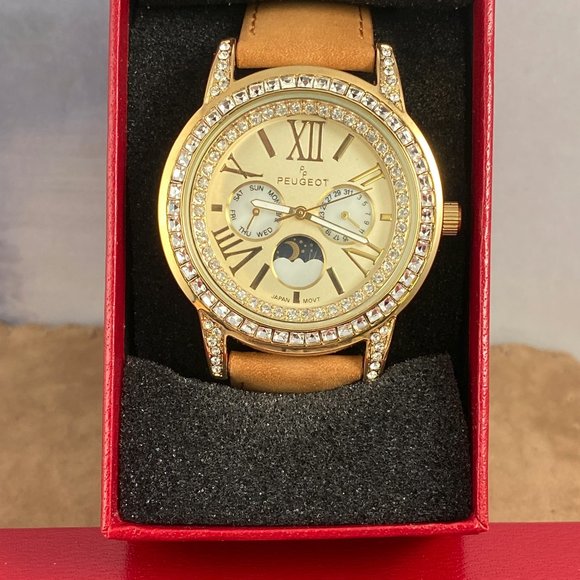 Stunning in Tan and Gold Crystal Bezel Peugeot Moonphase Watch - Picture 2 of 8